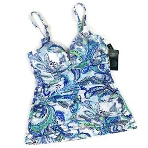 Lauren Ralph Lauren Fiesta Blue Paisley Print Crossover Tankini Swim Top Size 6